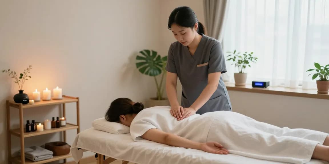 강남마사지로 아늑하고 편안한 마사지를 받는 모습, 편안한 조명과 아로마 오일이 있는 스파 풍경.