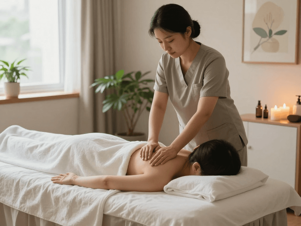 대구마사지 치료를 받는 고객과 편안한 분위기의 마사지실
