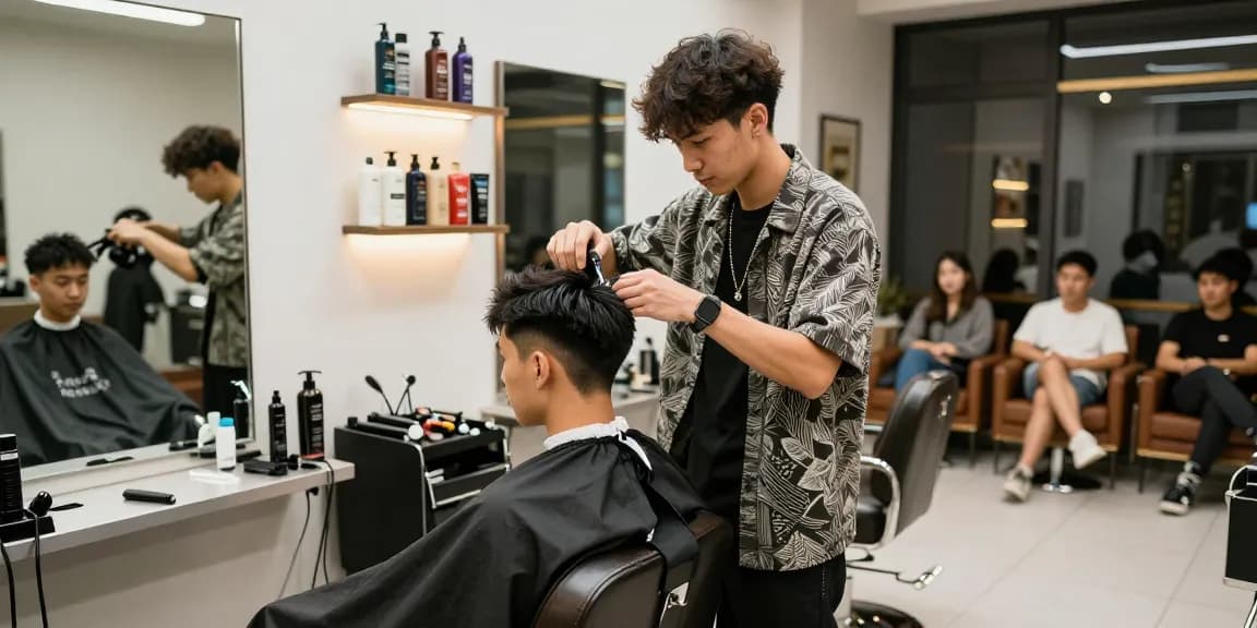 Stylish barber at ROKOK88 providing a haircut in a modern setting, showcasing trendy grooming tools and a welcoming atmosphere.