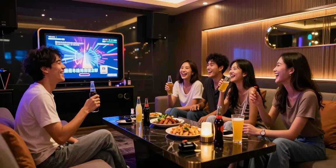 인천쓰리노에서 즐거운 시간을 보내는 친구들의 모습과 화려한 조명, 카라오케 시설이 함께한 장면