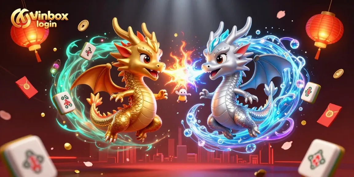 Engage in excitement with Winbox login, featuring golden and silver dragons amidst casino elements.