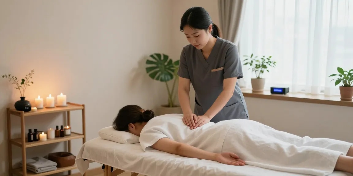 강남마사지로 아늑하고 편안한 마사지를 받는 모습, 편안한 조명과 아로마 오일이 있는 스파 풍경.