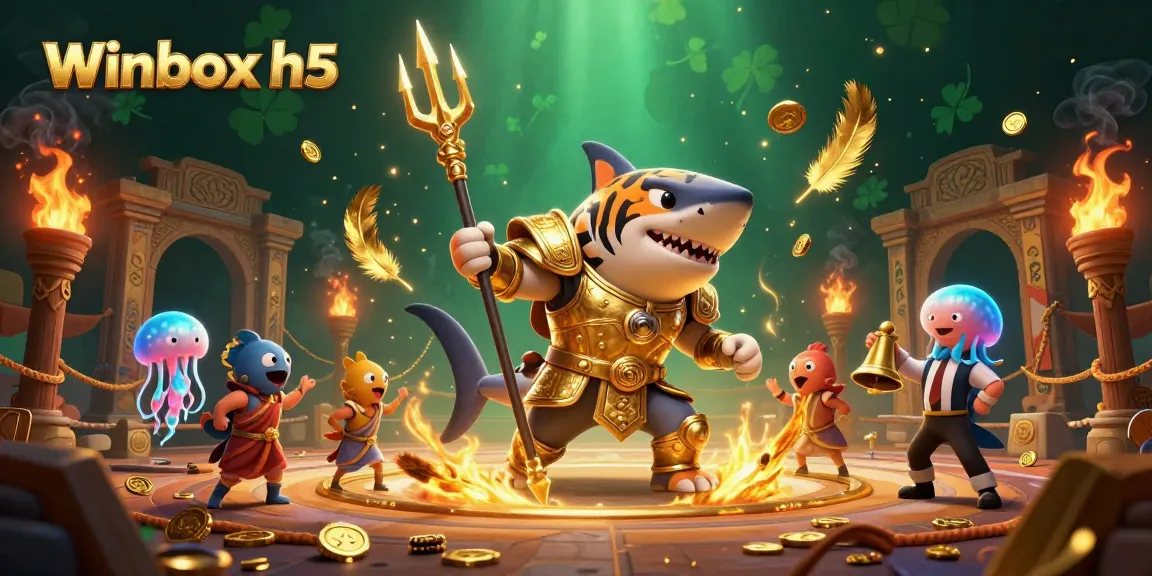 Winbox h5 showcases a tiger shark in gladiator armor showcasing its prowess in a dynamic underwater arena.