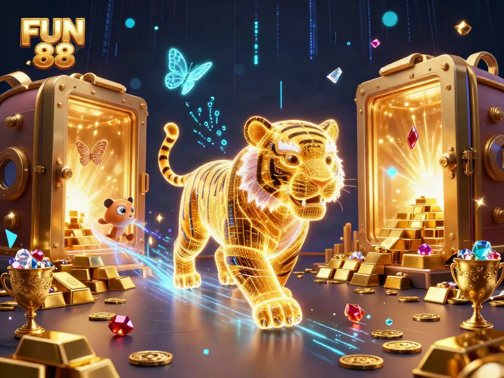 Experience the excitement of FUN 88 in a dynamic digital casino landscape with eye-catching characters and elements.
