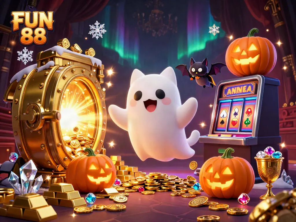 Experience the thrilling FUN 88 casino world with a friendly ghost cat and vampire bat in a vibrant haunted setting.