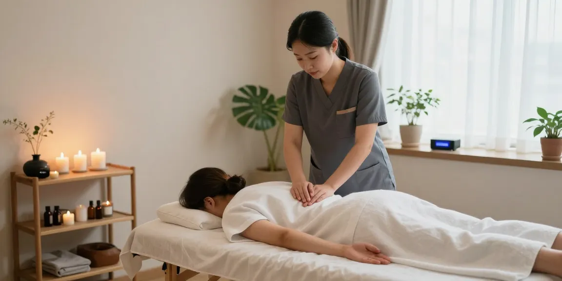 강남마사지로 아늑하고 편안한 마사지를 받는 모습, 편안한 조명과 아로마 오일이 있는 스파 풍경.