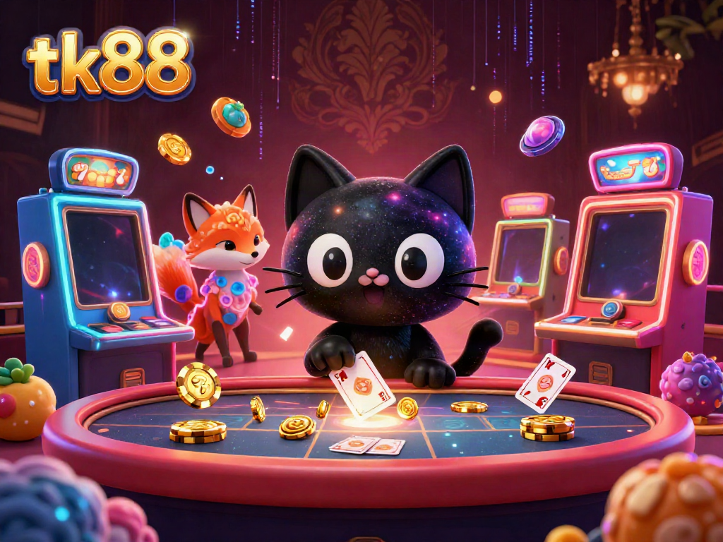 Engage in thrilling gameplay with tk88's cosmic casino, featuring colorful slot machines and charismatic characters.