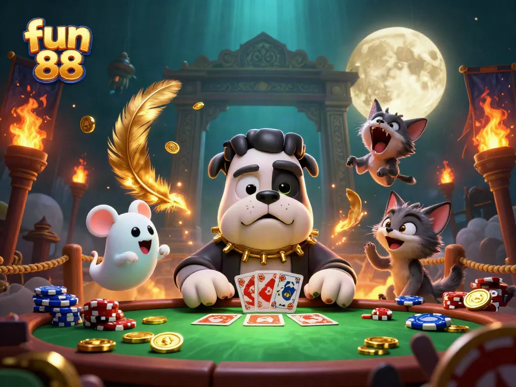 Experience fun 88 with a spirited 3D scene featuring a Frankenstein bulldog dealer amidst vibrant gaming elements.