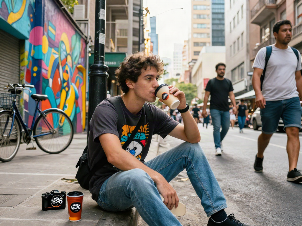 Young man enjoying rokok88 super product in a lively urban setting with vibrant street art.