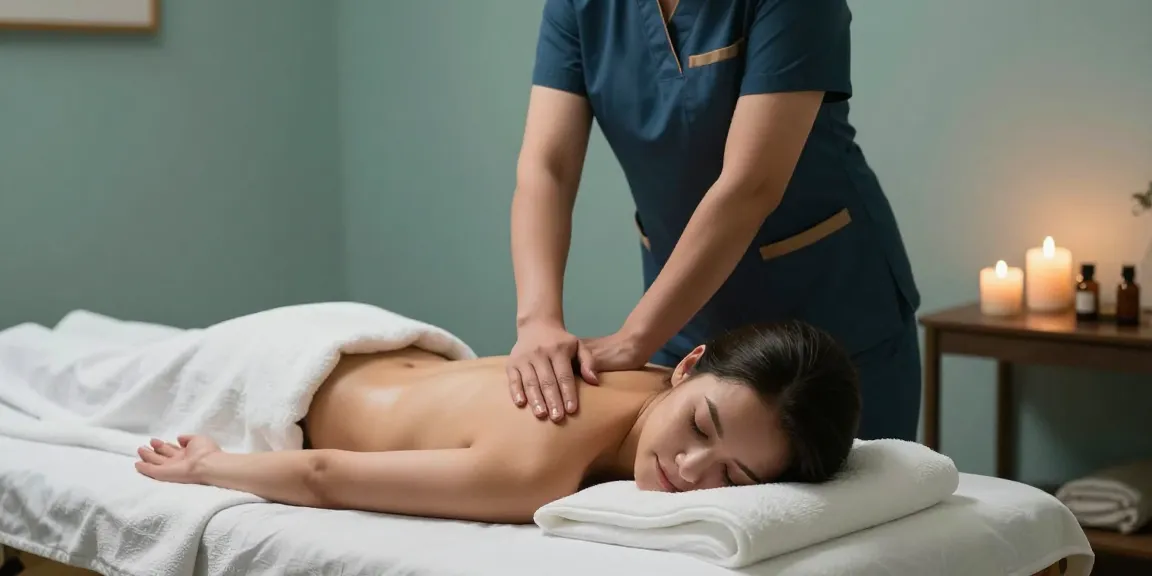 출장마사지 중인 고객과 관리사, 편안한 분위기의 마사지 공간을 보여줍니다.