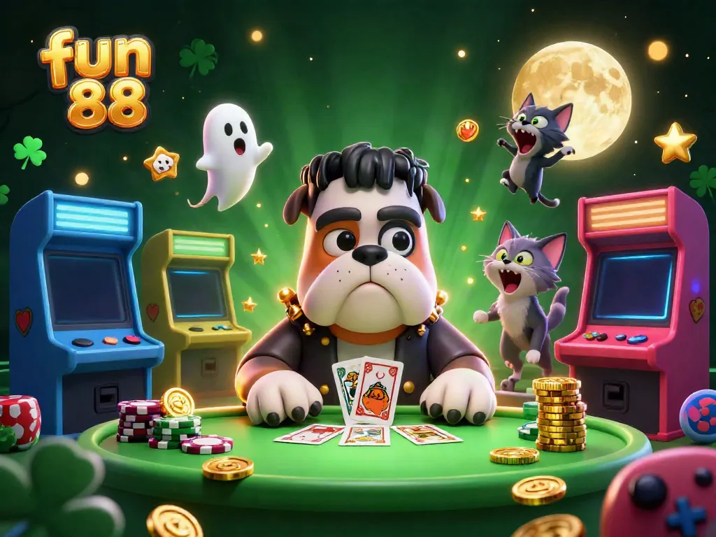 Experience the thrilling fun 88 world with cartoon characters and dynamic gaming elements surrounding them.