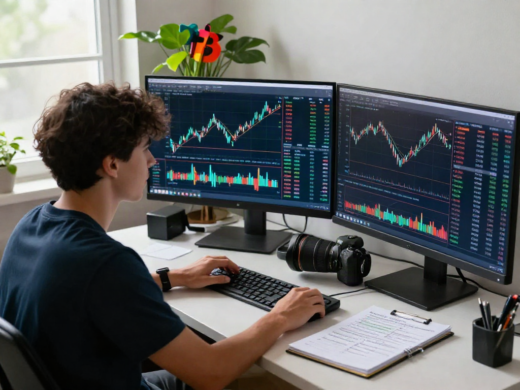 BTC 가격 변동을 분석하는 젊은 투자자의 모습, 역동적인 암호화폐 거래 환경.