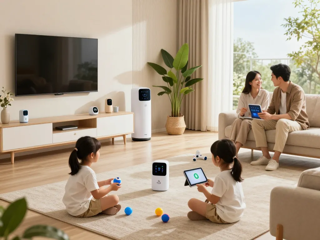 Engaging family scene showcasing tech gadgets for home in a modern living room