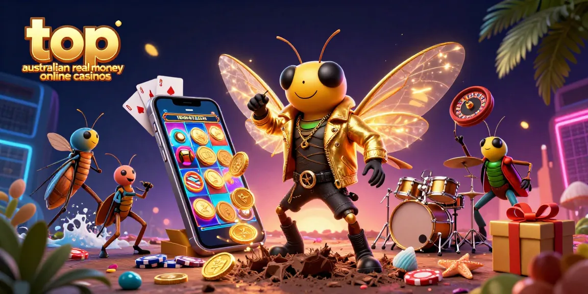 Engage with the top australian real money online casinos in vibrant 3D illustration featuring exciting gaming elements.