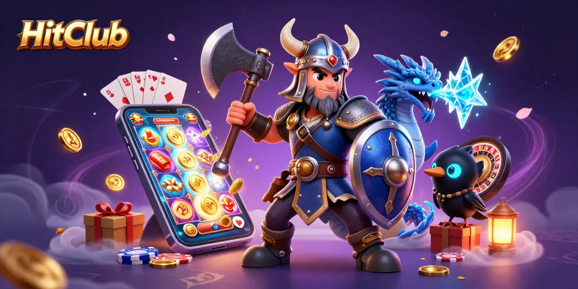 Experience thrilling wins at HitClub with a dynamic 3D gaming scene featuring slot games and vibrant characters.