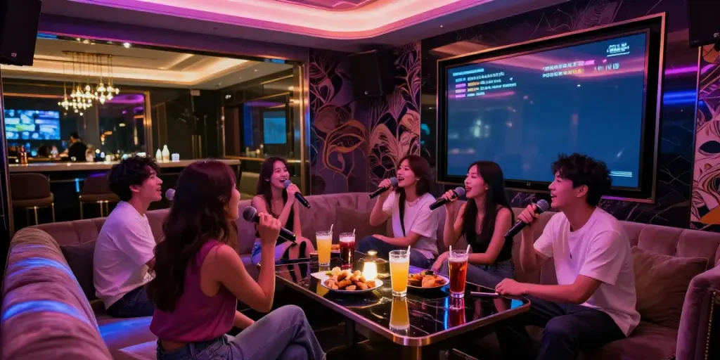 강남 달토에서 친구들과 즐거운 시간을 보내는 모습, 고급스러운 가라오케 룸과 화려한 조명이 돋보인다.