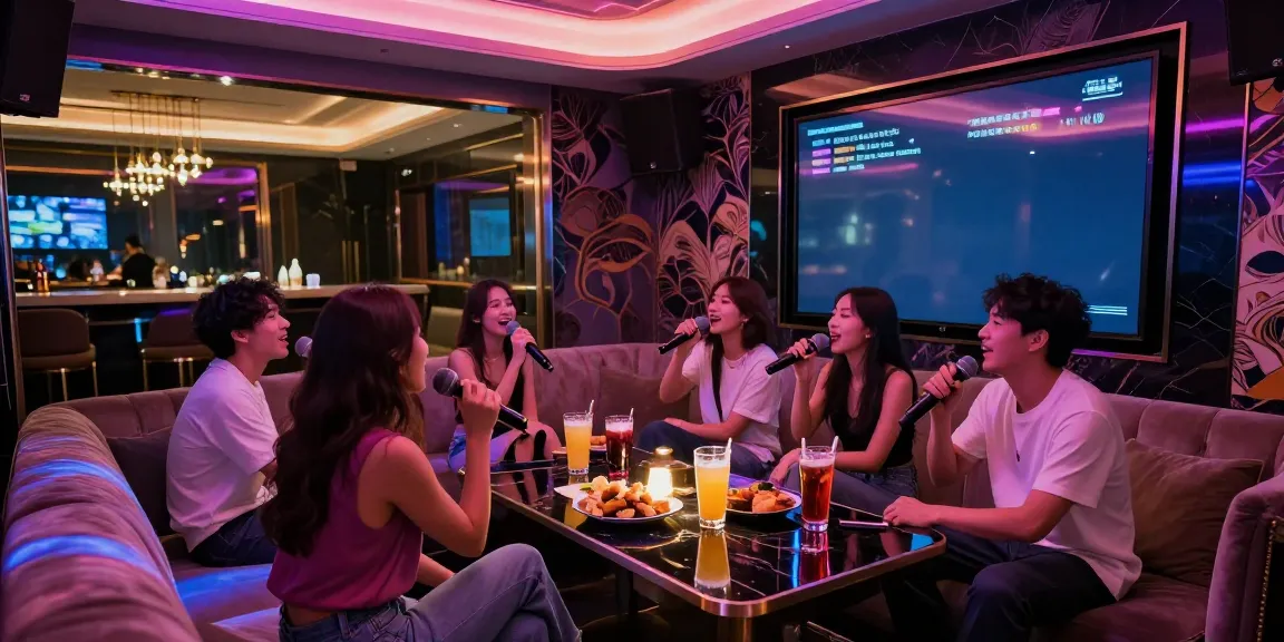 강남 달토에서 친구들과 즐거운 시간을 보내는 모습, 고급스러운 가라오케 룸과 화려한 조명이 돋보인다.