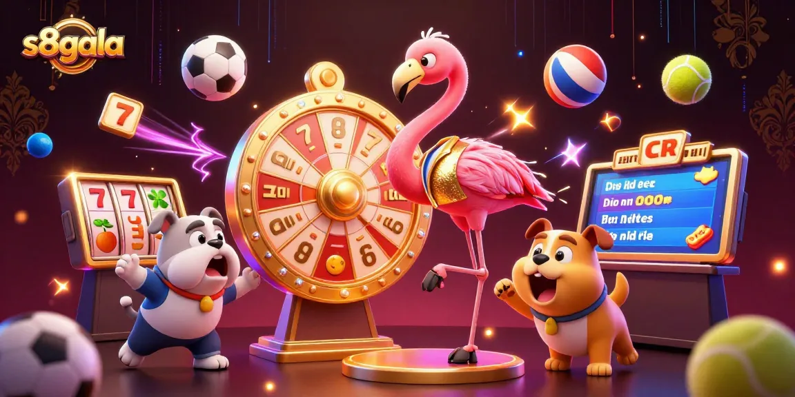 Spin to win with s8gala at this vibrant casino illustration featuring a game show host, bulldog, and prizes.