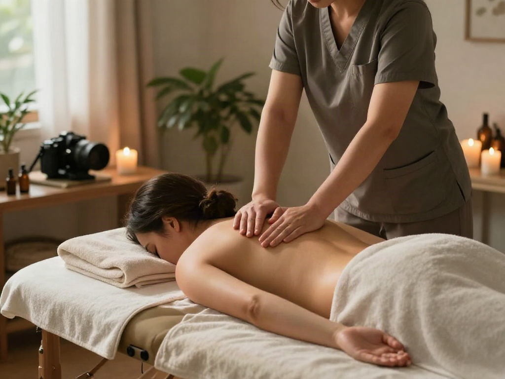 Kimpo출장마사지 in a tranquil home setting with professional therapist providing relaxation and aromatherapy.