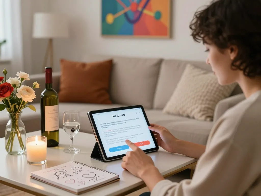 Couple exploring AI sex technology through an interactive tablet in a cozy and romantic setting.