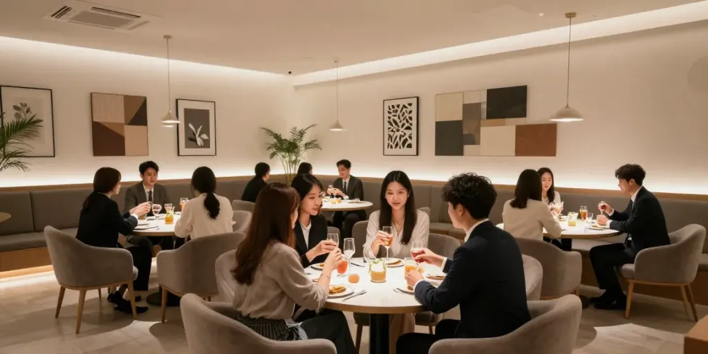 강남 타이밍의 세련된 라운지 내부에서 술을 즐기는 젊은 전문직 남녀의 모습
