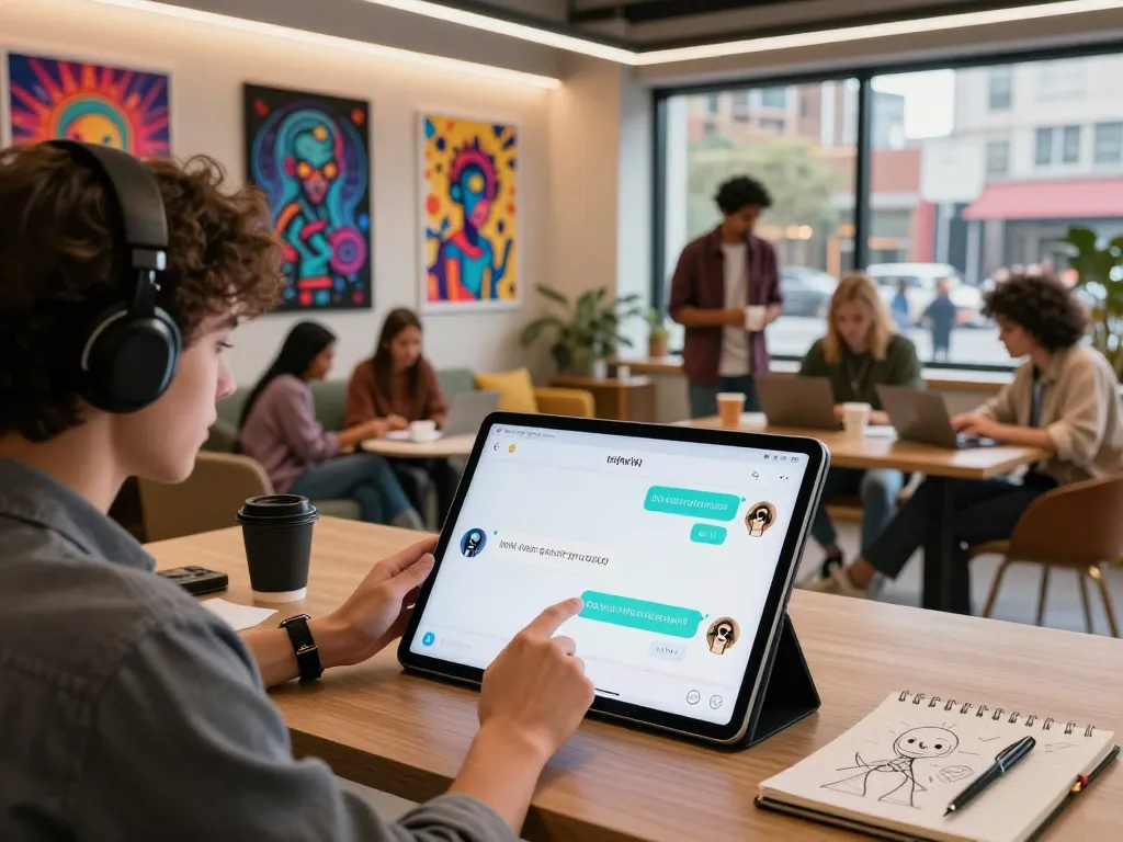 Engaging user interacting with an nsfw chat bot on a tablet in a modern workspace, showcasing vibrant creativity.