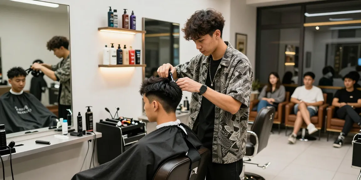 Stylish barber at ROKOK88 providing a haircut in a modern setting, showcasing trendy grooming tools and a welcoming atmosphere.