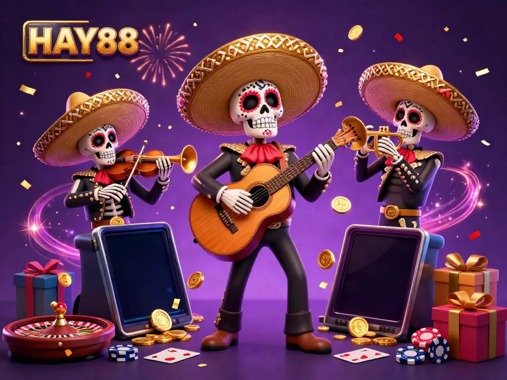 Engage with HAY88's vibrant gaming experience featuring a colorful casino scene with mobile slots and festive mariachi characters.
