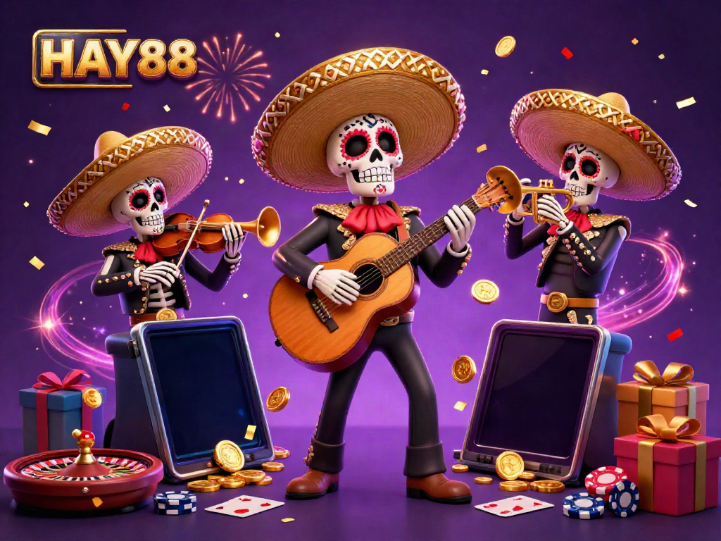 Engage with HAY88's vibrant gaming experience featuring a colorful casino scene with mobile slots and festive mariachi characters.