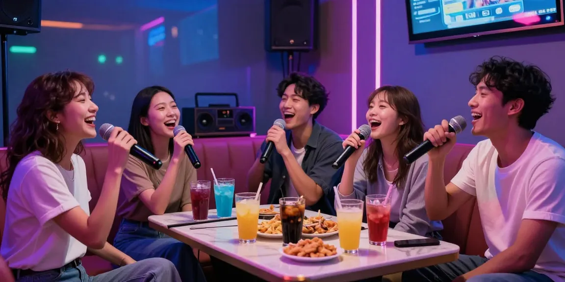 강남가라오케에서 친구들과 함께 즐거운 분위기로 노래를 부르는 모습과 화려한 조명