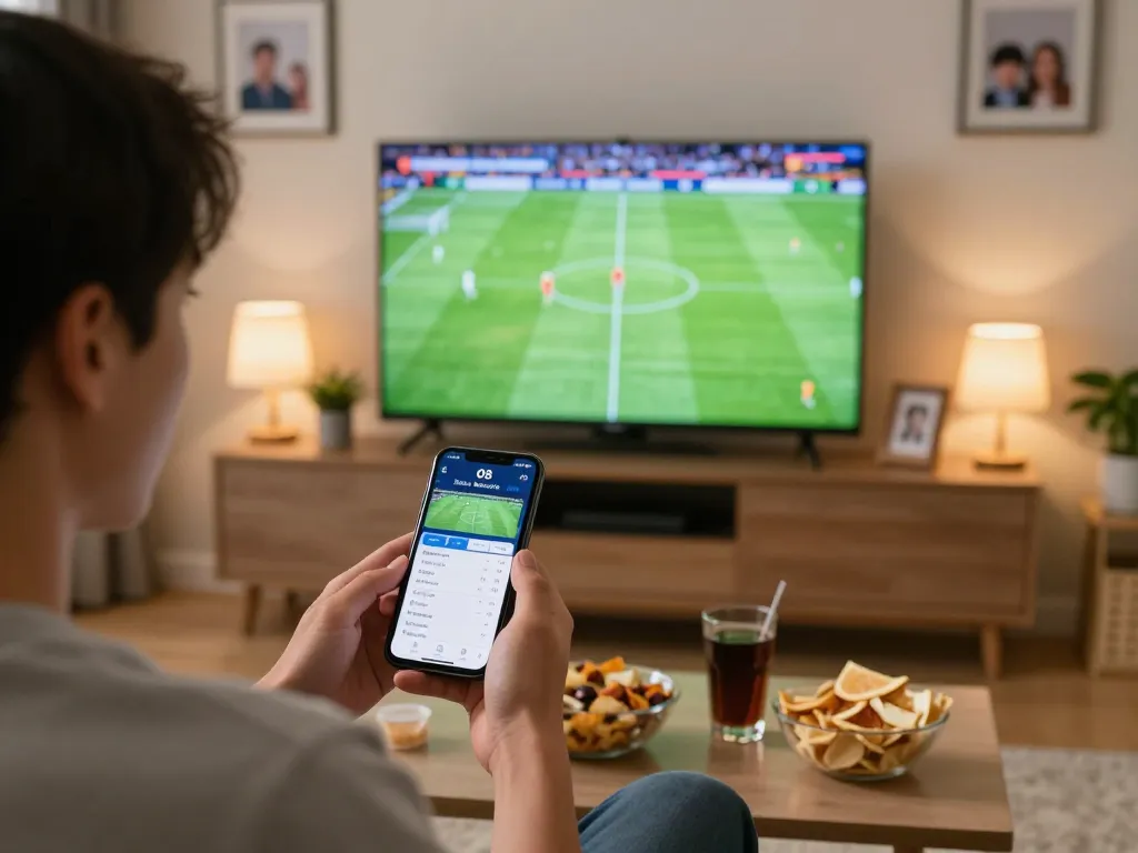 Excited sports betting enthusiast using O8 bóng đá app while watching a live match on TV