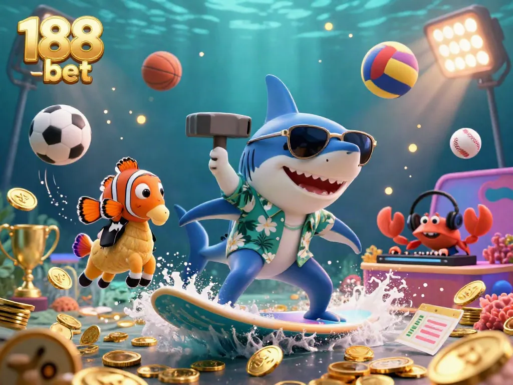 Experience thrilling moments with 188 bet as a shark surfs waves of gold coins amidst a vibrant casino atmosphere.