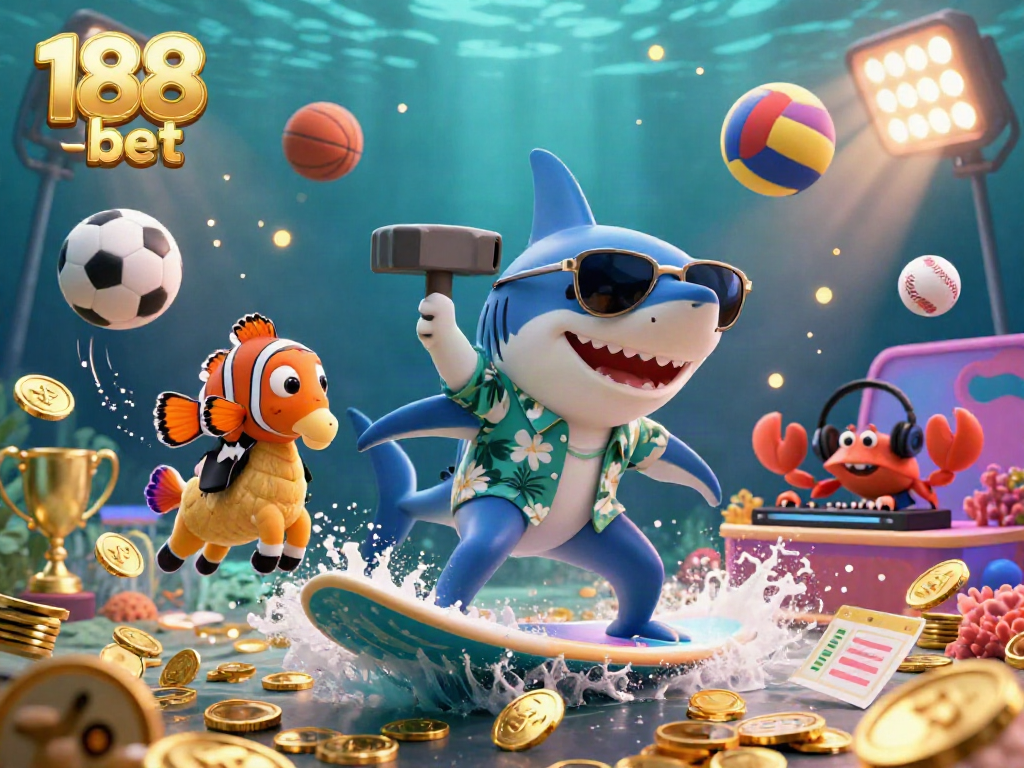 Experience thrilling moments with 188 bet as a shark surfs waves of gold coins amidst a vibrant casino atmosphere.