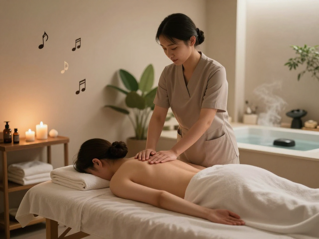 Client enjoying 출장마사지 in a serene spa environment with calming decor and soft lighting