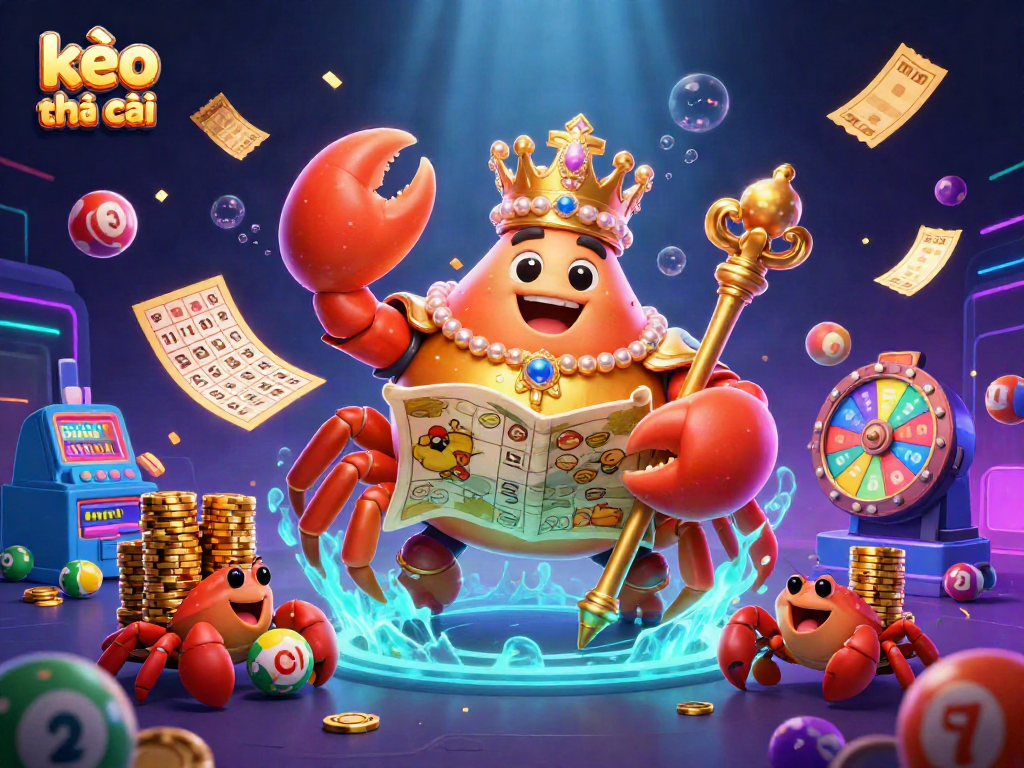 Experience kèo nhà cái with colorful lottery elements and the majestic crab emperor in a vibrant casino scene.