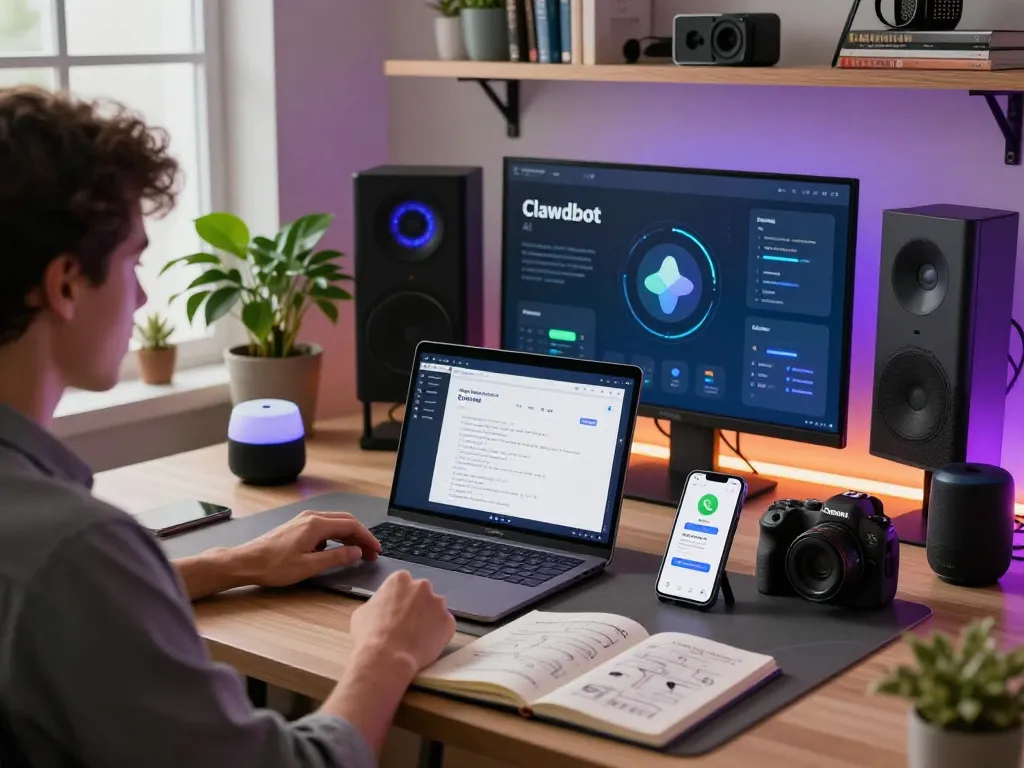 Workspace utilizing Clawdbot AI for effective productivity integration, showcasing modern technology elements.