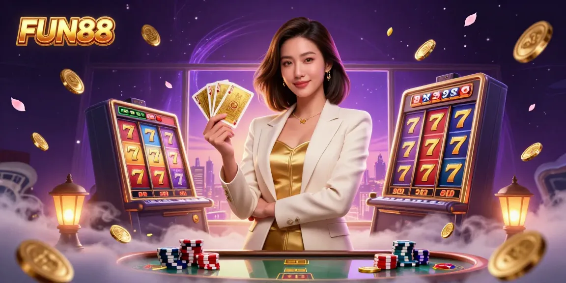 Experience FUN88 action with a glamorous Asian woman in an elegant setting, showcasing spinning slot reels and abundant golden coins.