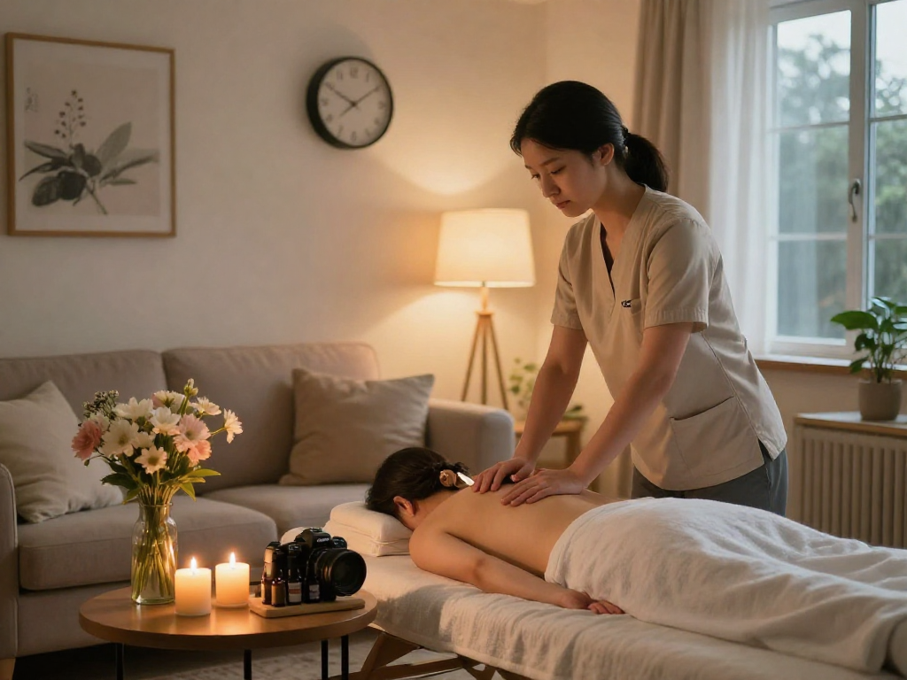 Relaxing 성남출장안마 home service setup with soothing decor and massage supplies.