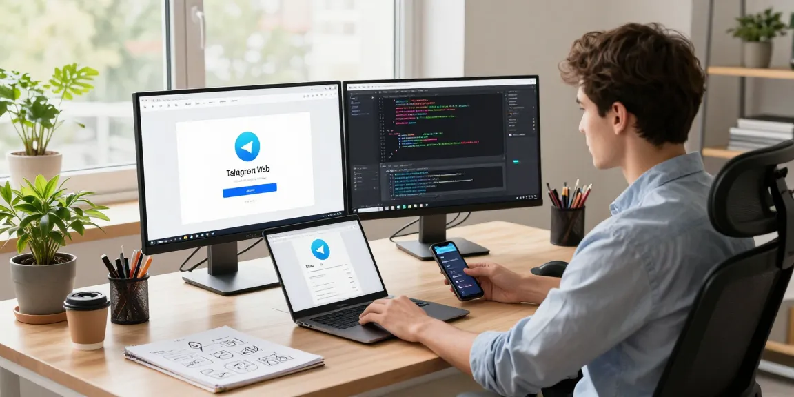 Developer using Telegram web version on dual monitors in a bright office environment.