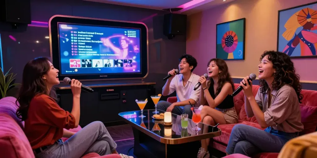 강남 달토에서 친구들과 함께 노래를 부르며 즐기는 모습, 투명한 가격 정책과 편안한 분위기 전달