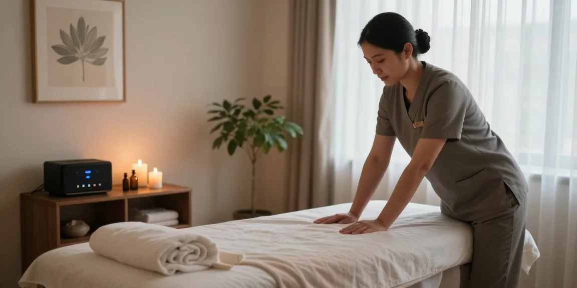 천안마사지 편안한 마사지 실내 환경에서 관리사가 준비 중인 모습