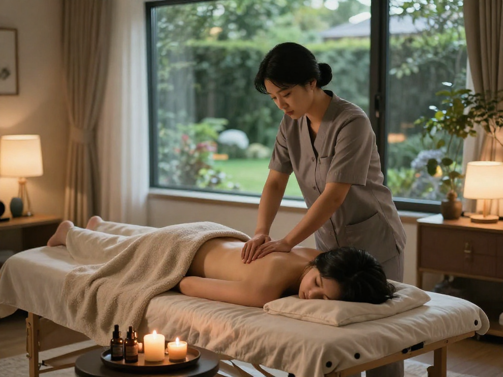 Experience a soothing 영등포출장마사지 in a tranquil home setting with soft lighting and essential oils.