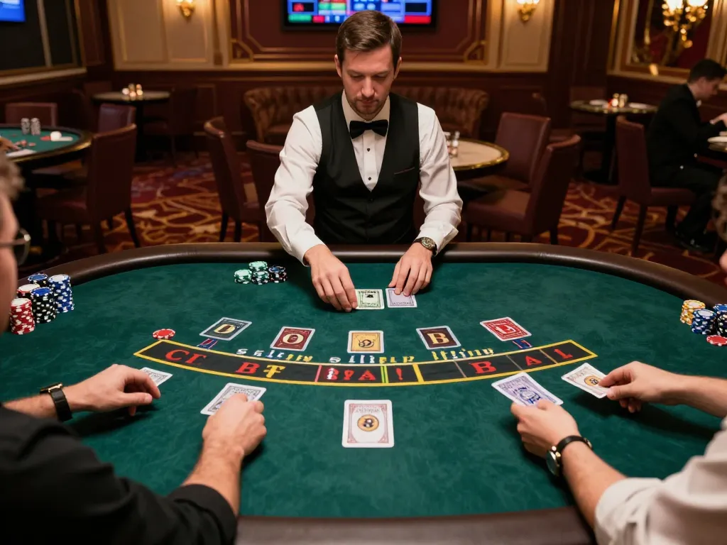 Play blackjack at qq8827 with dynamic gameplay, dealer managing cards and players engaged in high-stakes action