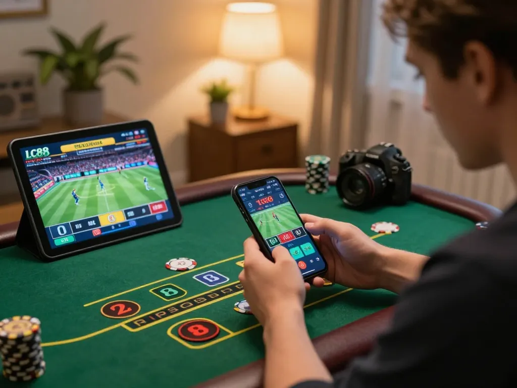 Engaging with the LC88 life while placing a sports bet through a mobile app in a cozy home setting.