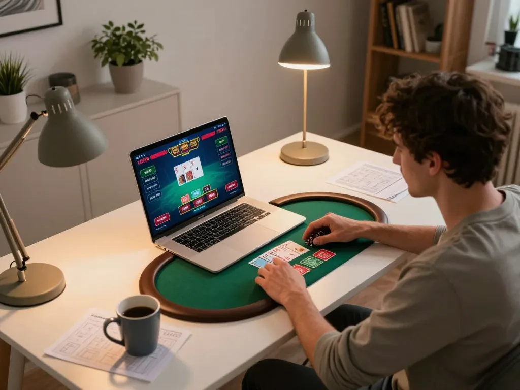 Player enjoying poker on llwin platform with strategic notes and cozy decor.