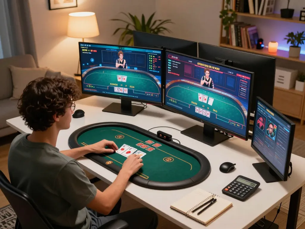 Person engaged in game bài đổi thưởng on multiple screens in modern home gaming setup.