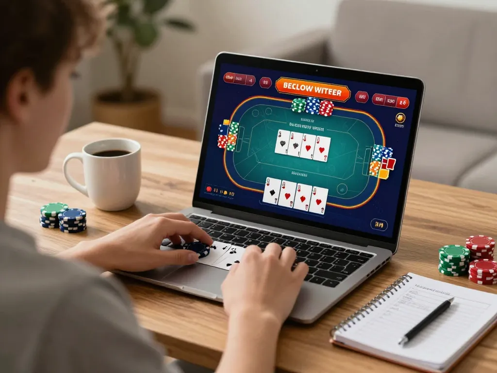 F168 user deeply focused on online poker gameplay, showcasing strategy and engaging gaming experience.