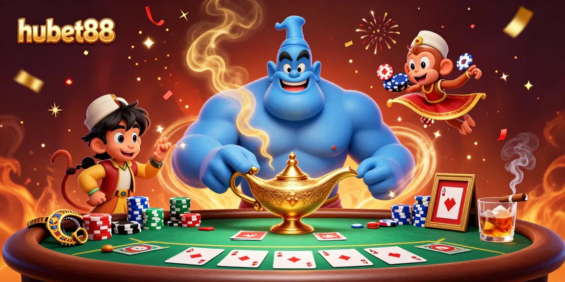 Engage in exciting poker action with hubet88's vibrant 3D casino scene featuring a genie and magical elements.