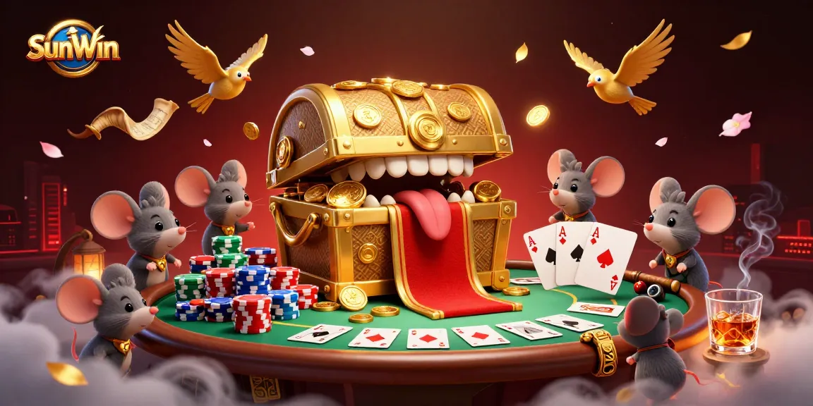 Experience the excitement of SunWin with a vibrant cartoon illustration featuring a treasure chest, poker elements, and playful mice.