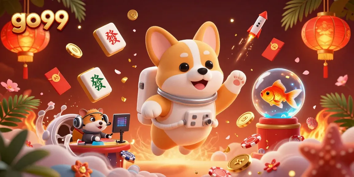 Experience go99's vibrant online casino adventure with a corgi and friends in a dynamic 3D illustration.